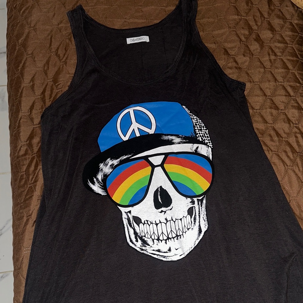 Lauren Moshi Black Tank with Skull and Colorful Accents